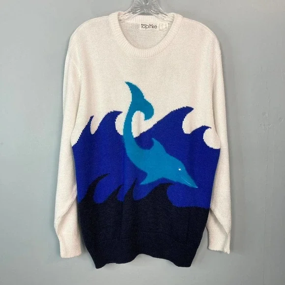 TOPLIKE Vintage Dolphin Ocean Waves Angora Blend Crew Neck Sweater Womens Size L - Picture 16 of 16